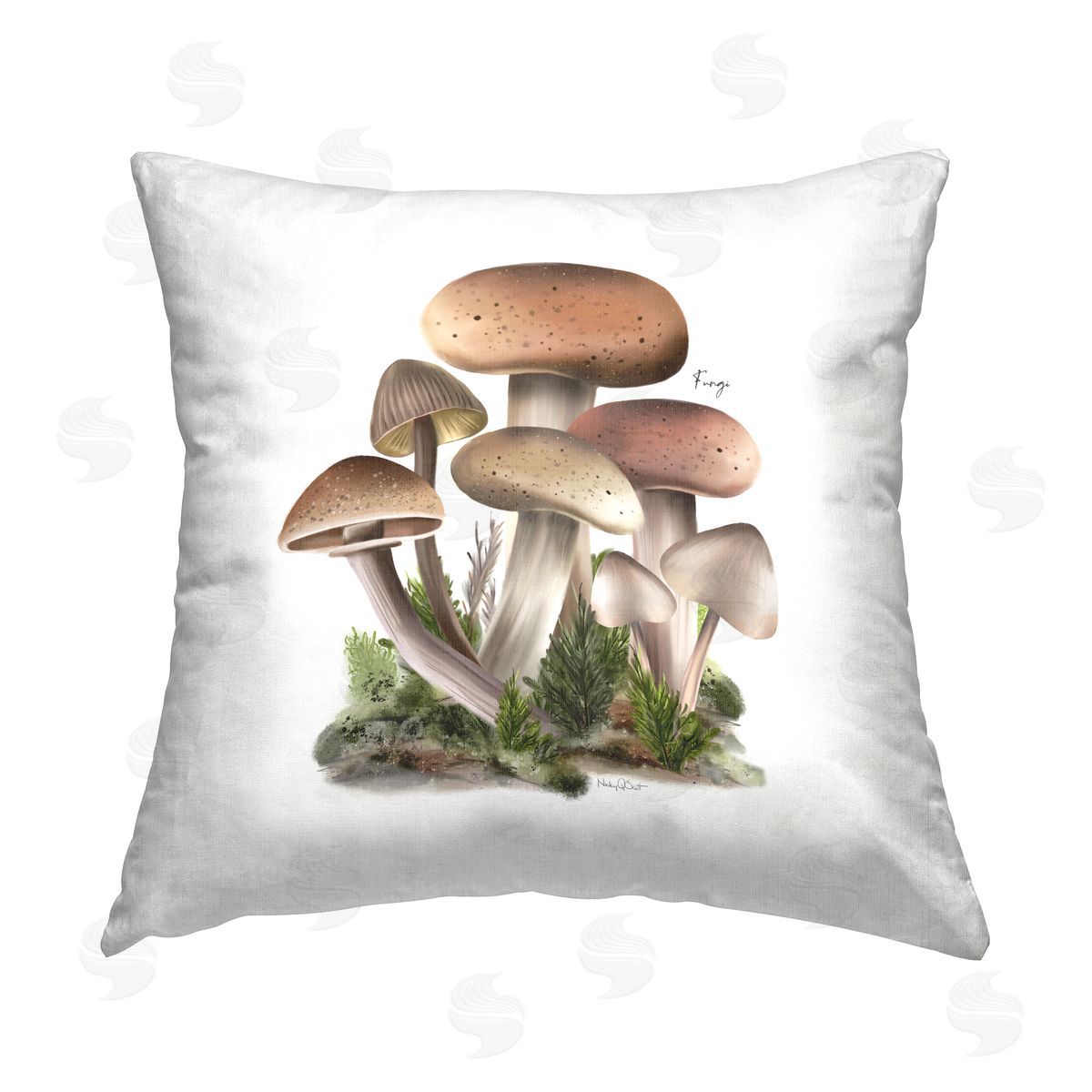 Studio Q Mushrooms on White Printed Plush Polyester Throw Pillow