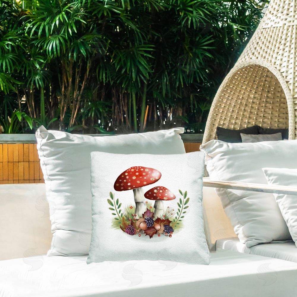 Studio Q Red Mushroom Botanicals Outdoor Quick-Dry Polyester Printed Throw Pillow in Back Yard