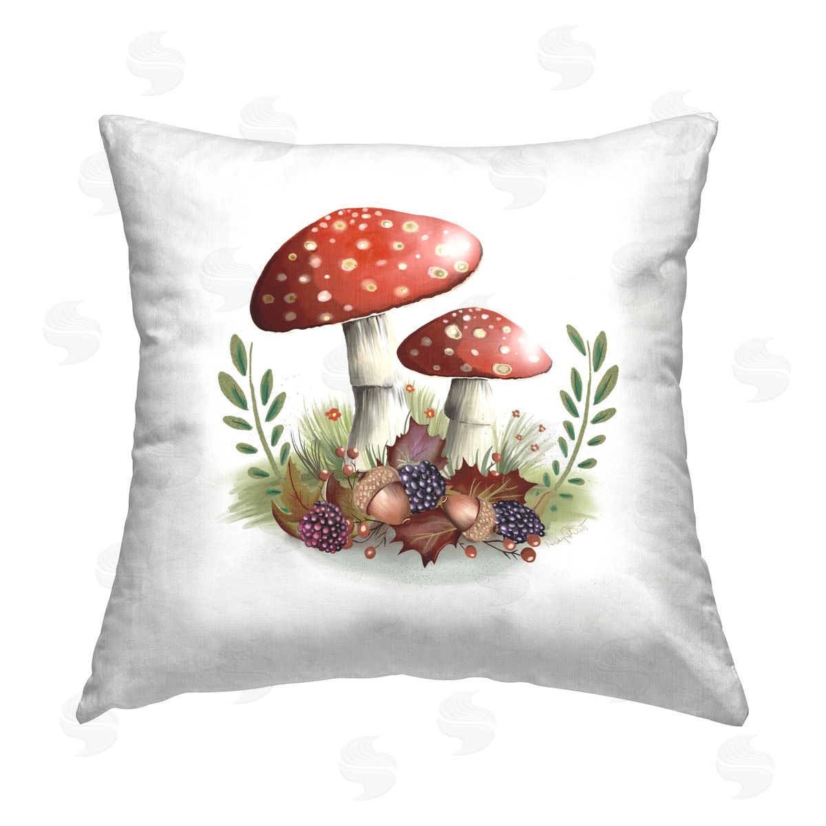 Studio Q Red Mushroom Botanicals Printed Plush Polyester Throw Pillow