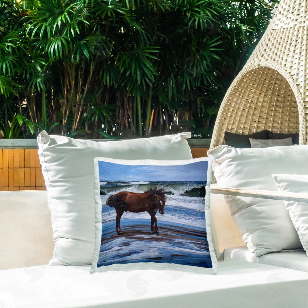 Karla Mann Horse on Sea Shore Outdoor Quick-Dry Polyester Printed Throw Pillow in Back Yard