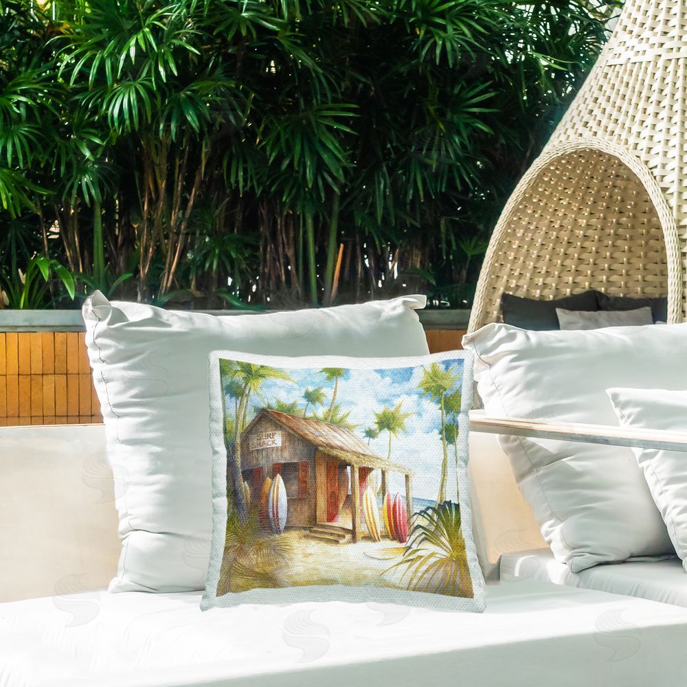 Cloverfield & Co. Tropical Surf Shack Outdoor Quick-Dry Polyester Printed Throw Pillow in Back Yard