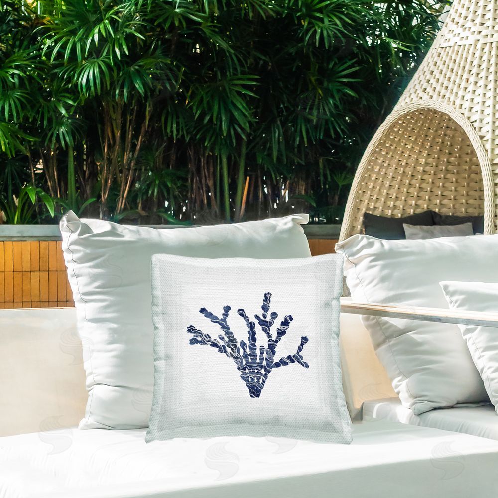 Karen Smith Blue & White Coral Outdoor Quick-Dry Polyester Printed Throw Pillow in Back Yard