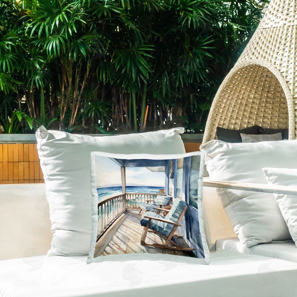LSR Design Studio Ocean View Deck Outdoor Quick-Dry Polyester Printed Throw Pillow in Back Yard
