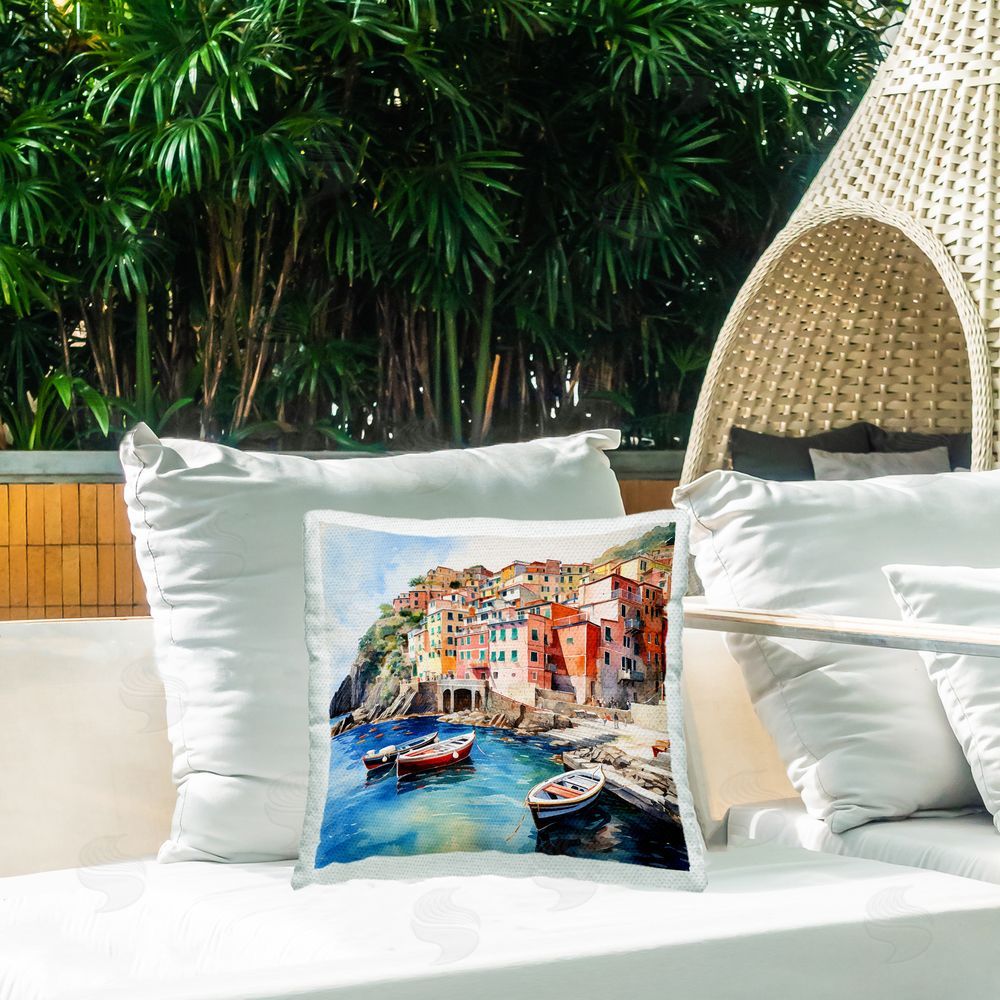 LSR Design Studio Cinque Terre Boats Outdoor Quick-Dry Polyester Printed Throw Pillow in Back Yard
