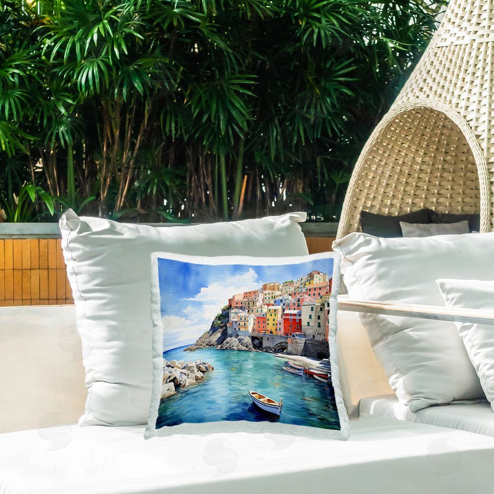LSR Design Studio Coastal Town Boats Outdoor Quick-Dry Polyester Printed Throw Pillow in Back Yard