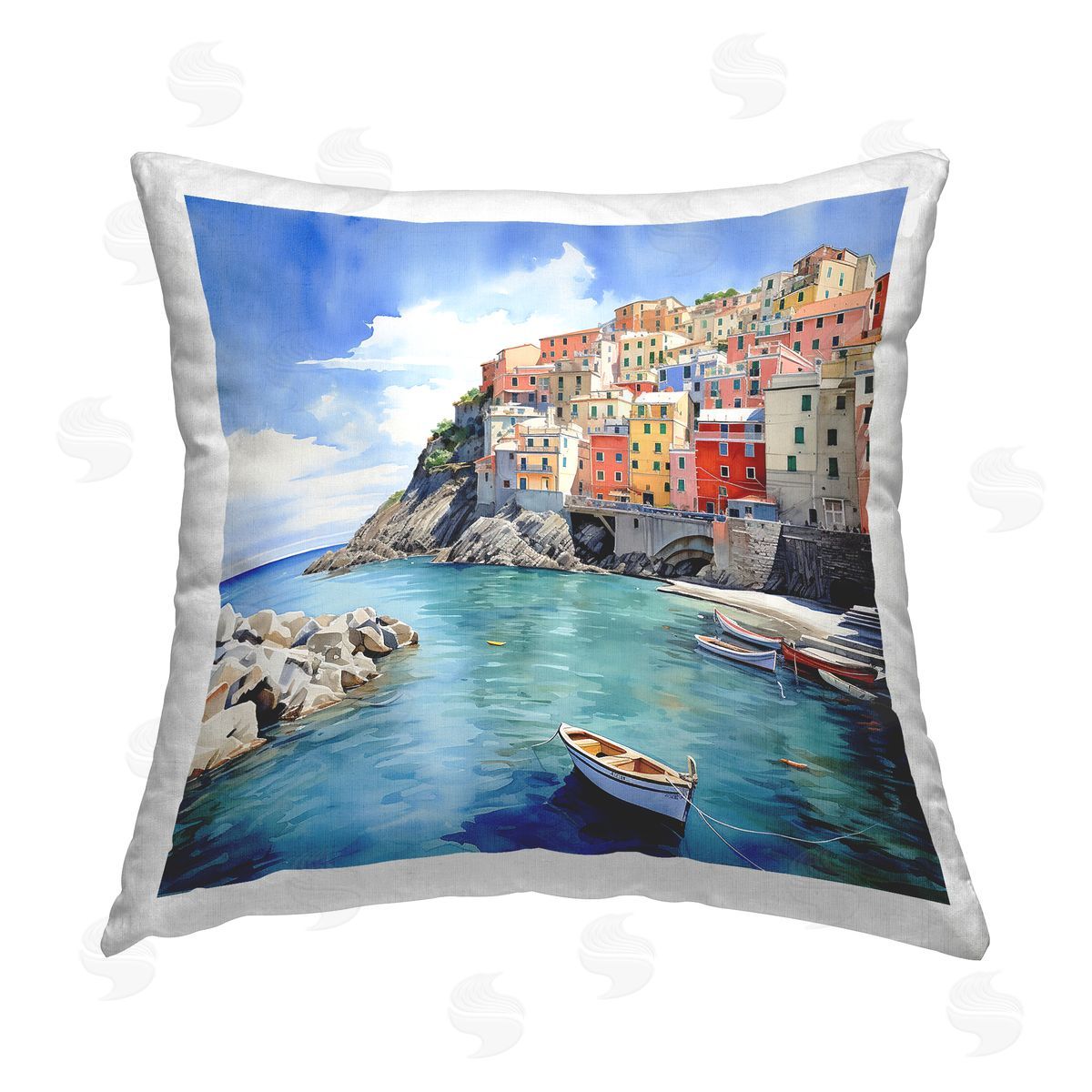 LSR Design Studio Coastal Town Boats Printed Plush Polyester Throw Pillow