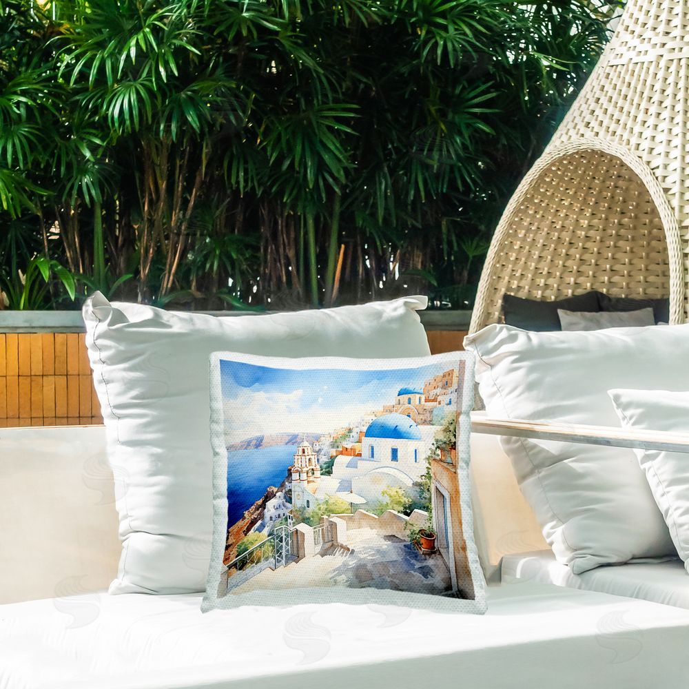 LSR Design Studio Santorini Ocean View Outdoor Quick-Dry Polyester Printed Throw Pillow in Back Yard