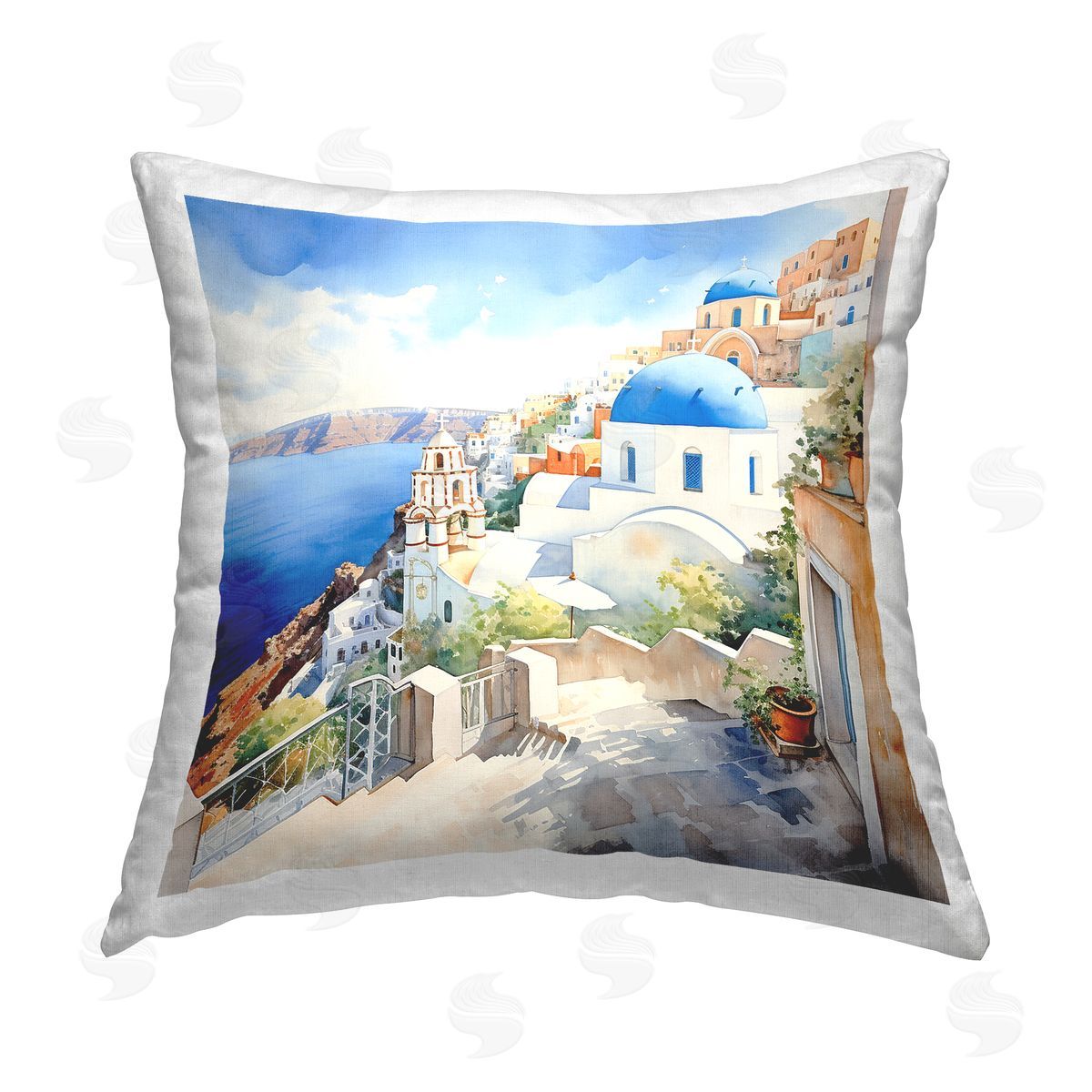 LSR Design Studio Santorini Ocean View Printed Plush Polyester Throw Pillow