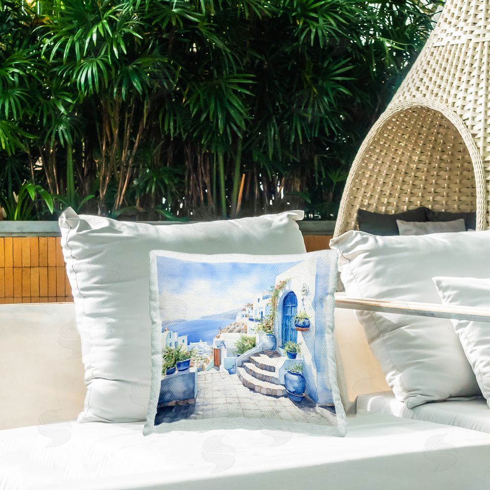 LSR Design Studio Santorini City Buildings Outdoor Quick-Dry Polyester Printed Throw Pillow in Back Yard
