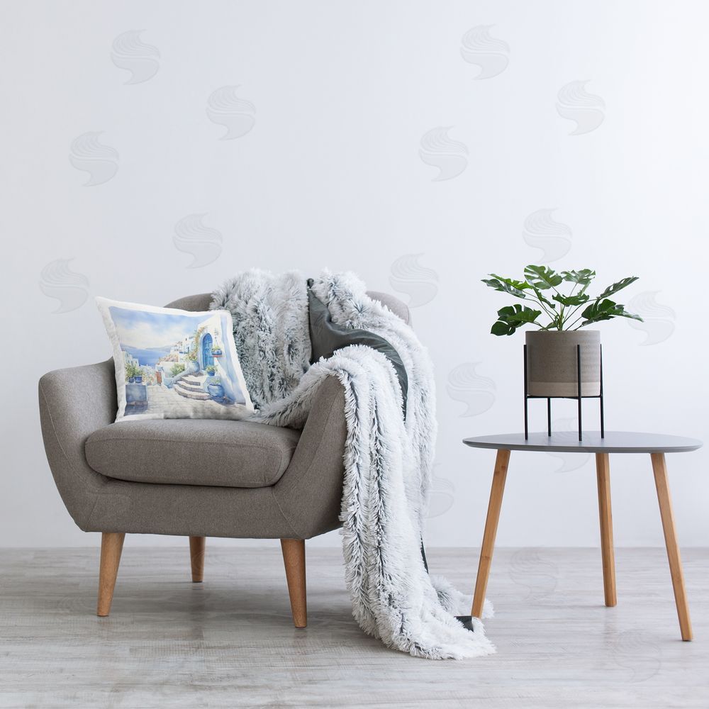 LSR Design Studio Santorini City Buildings Printed Plush Polyester Throw Pillow On Chair