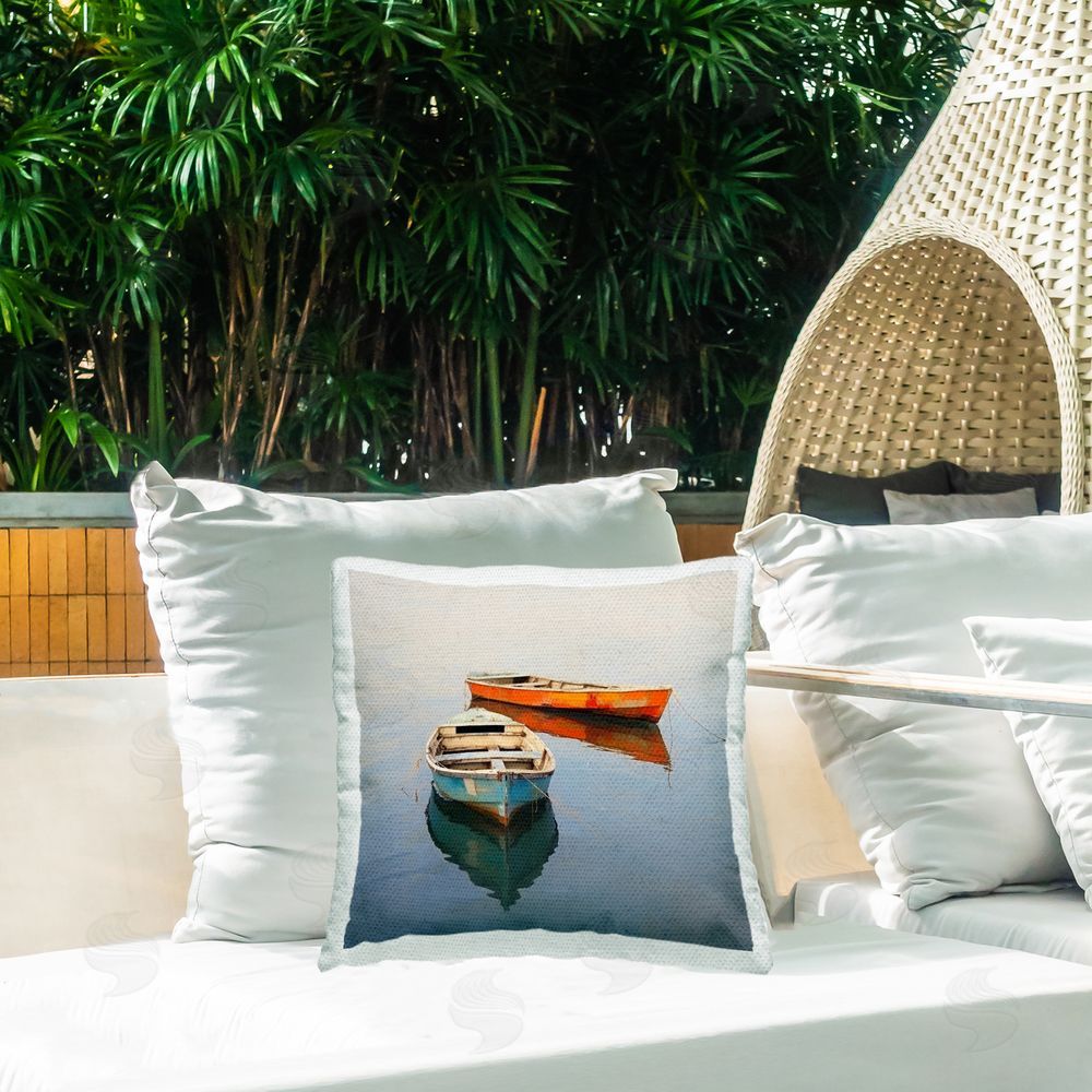Irena Orlov Blue & Red Boats Outdoor Quick-Dry Polyester Printed Throw Pillow in Back Yard