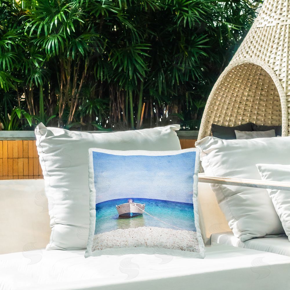 Riley B Boat on Rocky Shore Outdoor Quick-Dry Polyester Printed Throw Pillow in Back Yard
