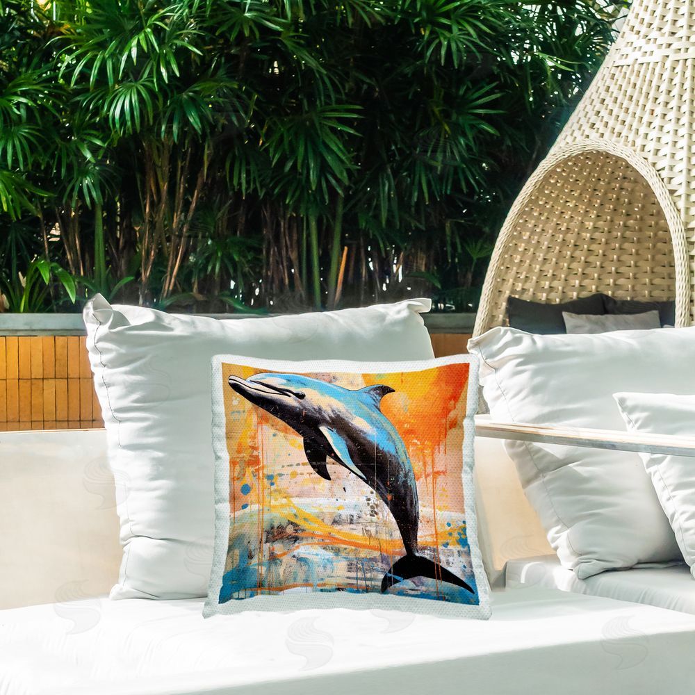 Ray Powers Orange Modern Dolphin Outdoor Quick-Dry Polyester Printed Throw Pillow in Back Yard