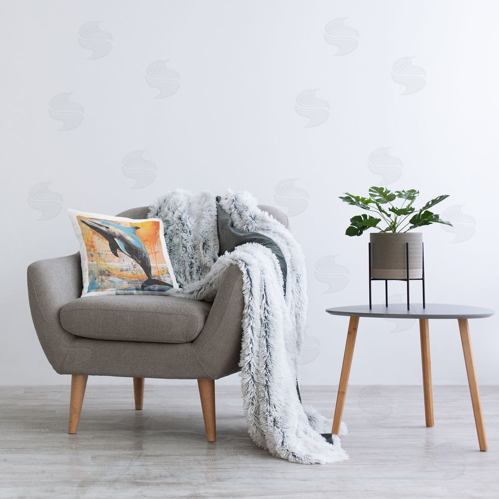 Ray Powers Orange Modern Dolphin Printed Plush Polyester Throw Pillow On Chair