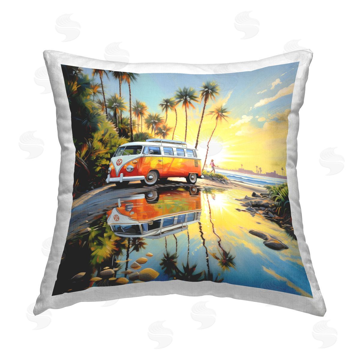 Ray Powers Minibus on Tropical Shore Printed Plush Polyester Throw Pillow