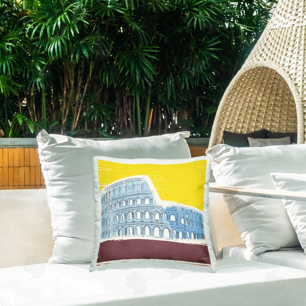 Pragya Kothari Yellow Colosseum Landmark Outdoor Quick-Dry Polyester Printed Throw Pillow in Back Yard
