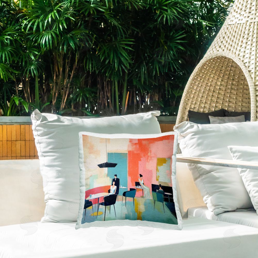 Irena Orlov Modern Restaurant Scene Outdoor Quick-Dry Polyester Printed Throw Pillow in Back Yard