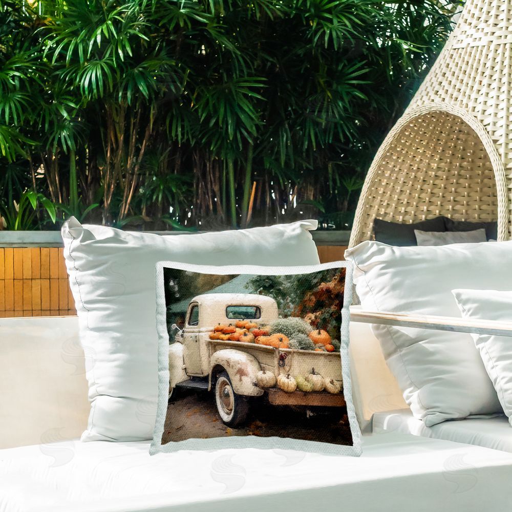 Riley B Fall Pumpkins Truck Outdoor Quick-Dry Polyester Printed Throw Pillow in Back Yard