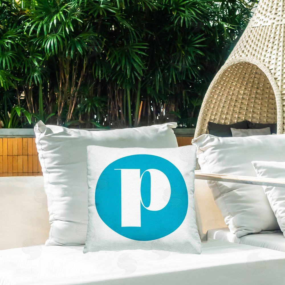 Stupell Studio Blue Initial P Outdoor Quick-Dry Polyester Printed Throw Pillow in Back Yard