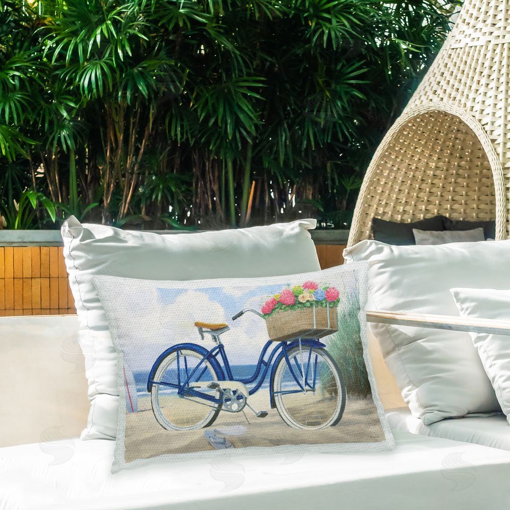 James Wiens Floral Bike on Beach Outdoor Quick-Dry Polyester Printed Throw Pillow in Back Yard