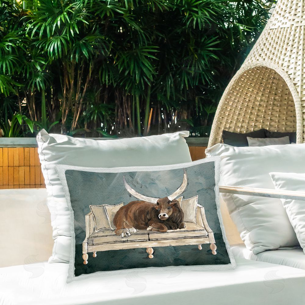 Cindy Jacobs Longhorn on Couch Outdoor Quick-Dry Polyester Printed Throw Pillow in Back Yard