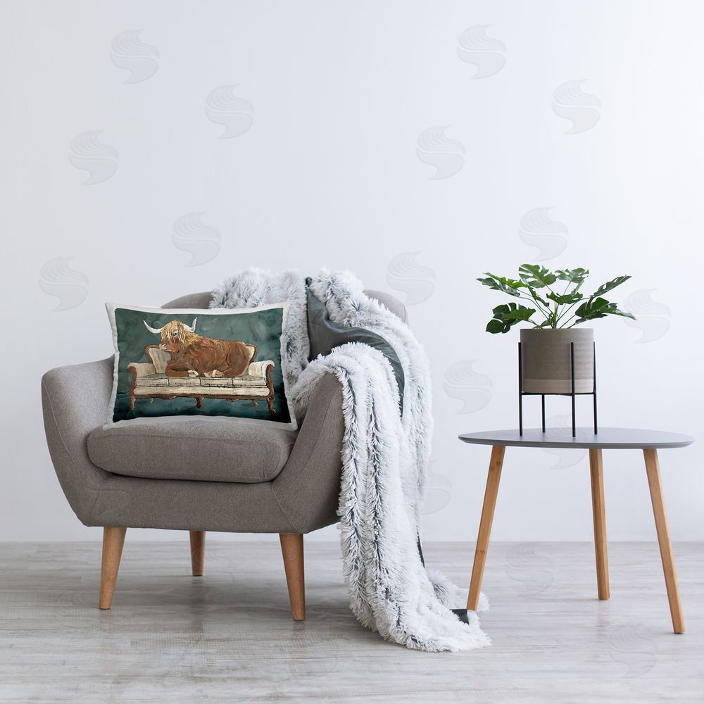 Cindy Jacobs Highland Cow on Couch Printed Plush Polyester Throw Pillow On Chair