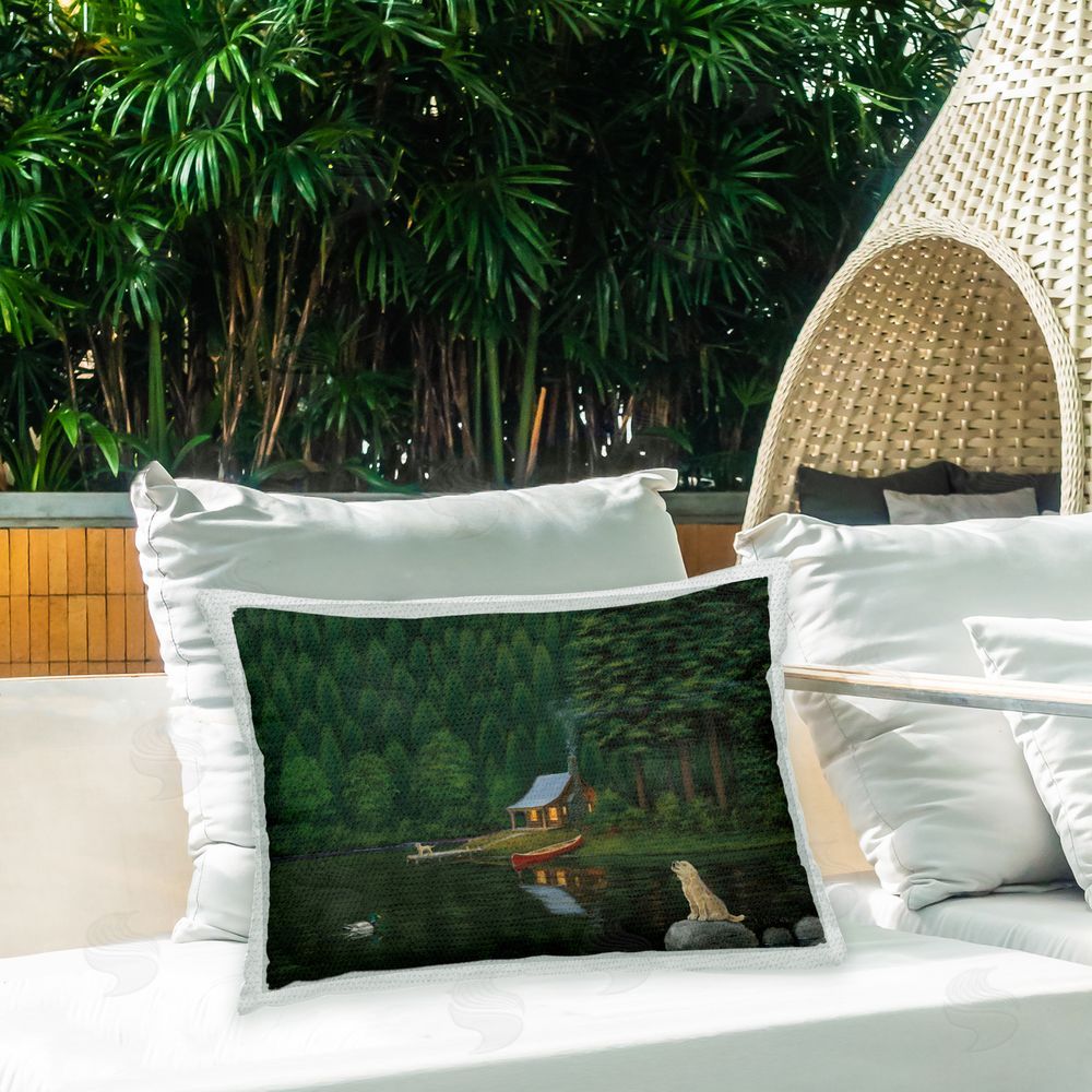 James Wiens Dogs & Lake Cabin Outdoor Quick-Dry Polyester Printed Throw Pillow in Back Yard