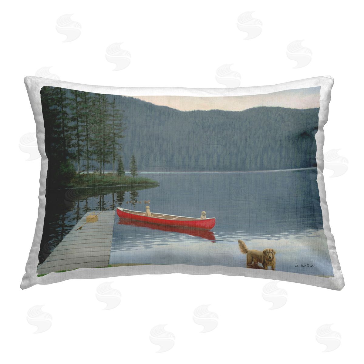 James Wiens Dogs on Lake Dock Printed Plush Polyester Throw Pillow