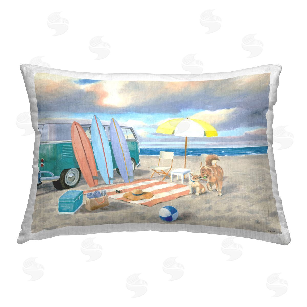 James Wiens Summer Van on Beach Printed Plush Polyester Throw Pillow