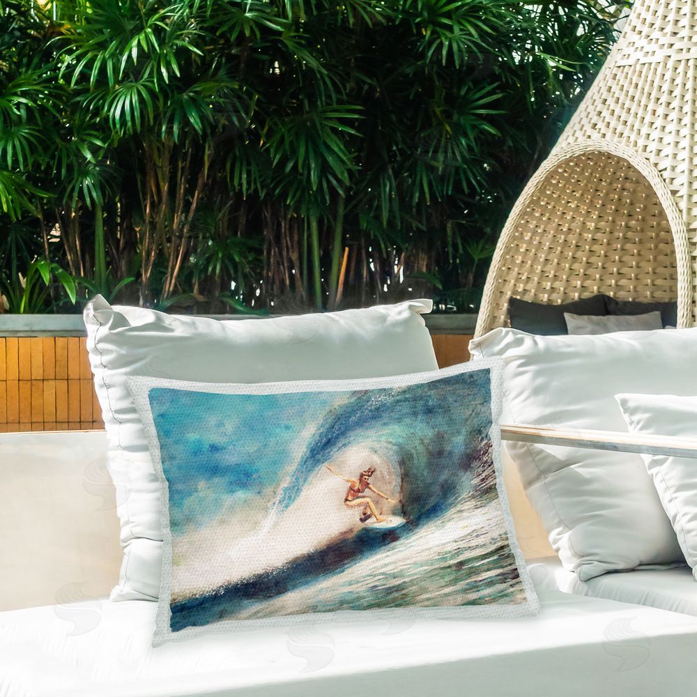 Ziwei Li Surfer Riding Wave Outdoor Quick-Dry Polyester Printed Throw Pillow in Back Yard