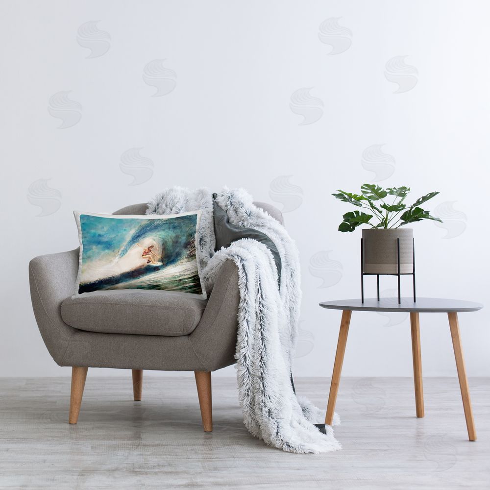 Ziwei Li Surfer Riding Wave Printed Plush Polyester Throw Pillow On Chair
