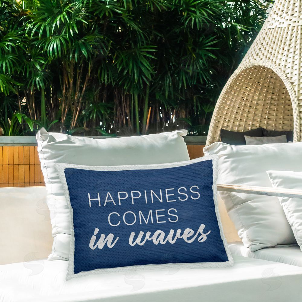 Lux + Me Designs Happiness in Waves Phrase Outdoor Quick-Dry Polyester Printed Throw Pillow in Back Yard