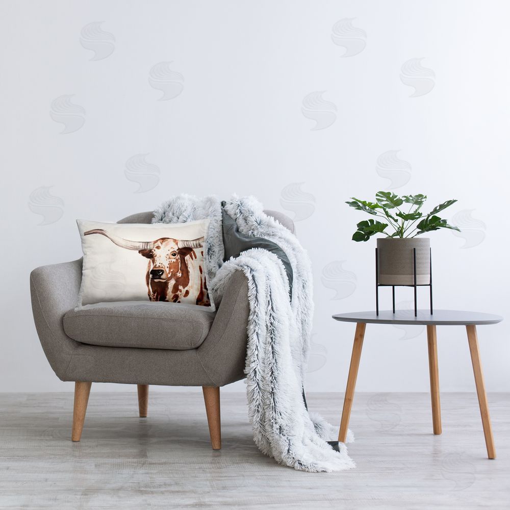 Annie Warren Longhorn Cattle Portrait Printed Plush Polyester Throw Pillow On Chair