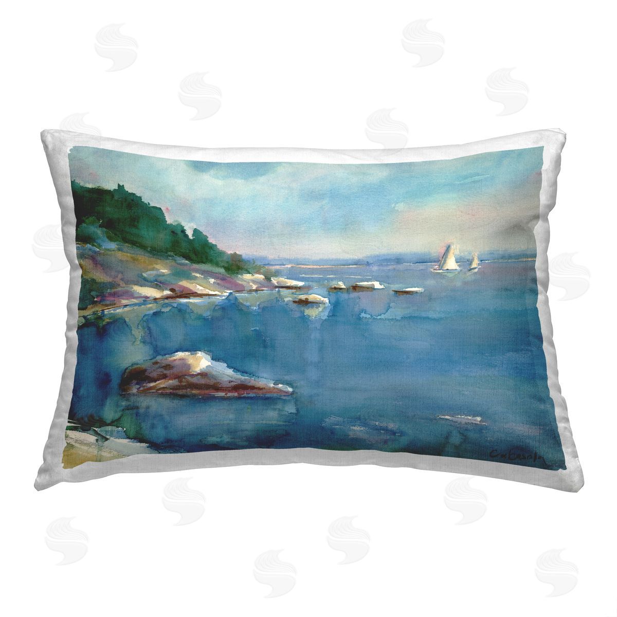 Stephen Calcasola Blue Ocean Scenery Printed Plush Polyester Throw Pillow