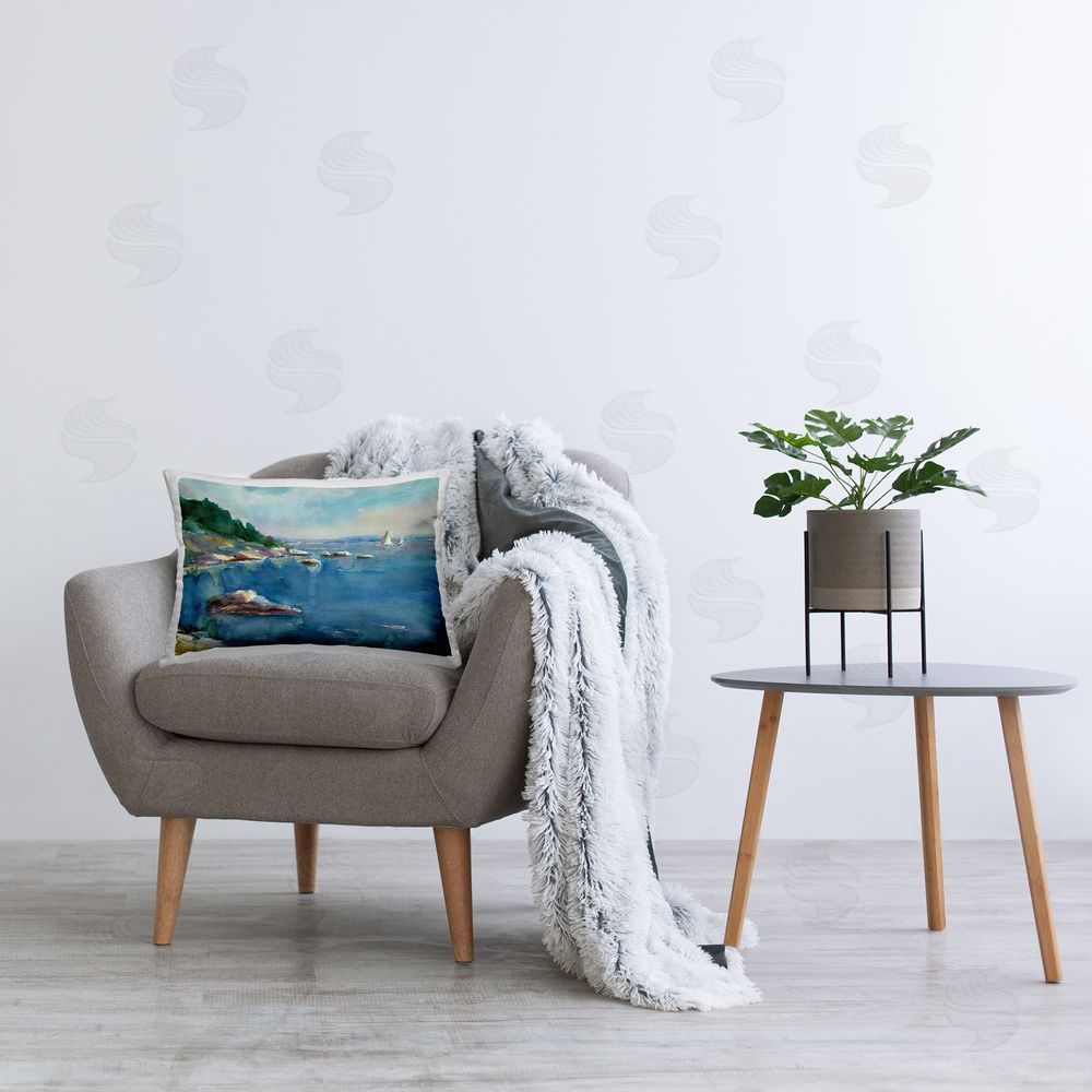 Stephen Calcasola Blue Ocean Scenery Printed Plush Polyester Throw Pillow On Chair