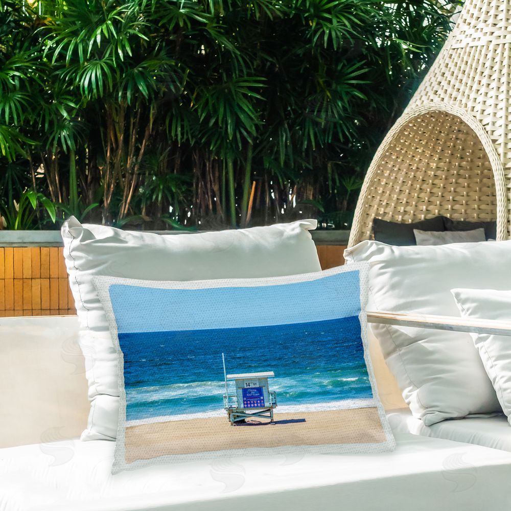 Jeff Poe Photography Blue Beach Shack Outdoor Quick-Dry Polyester Printed Throw Pillow in Back Yard