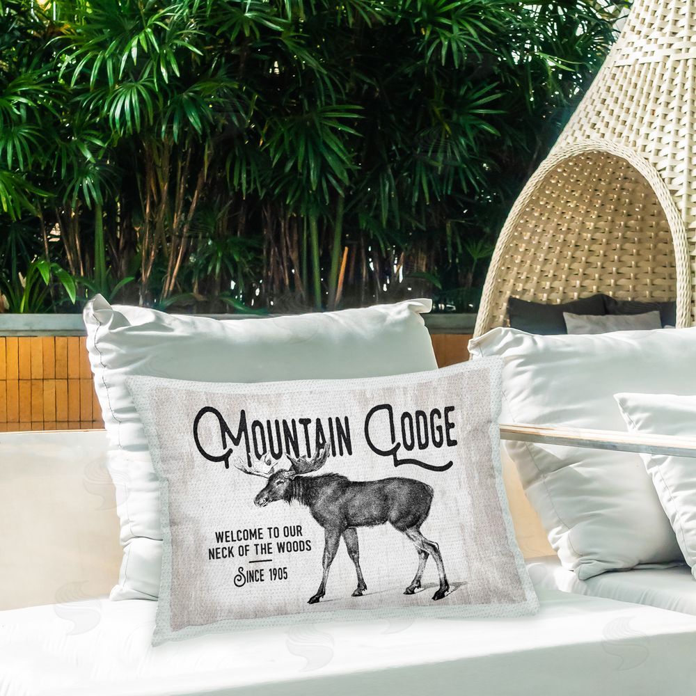 Lettered and Lined Mountain Lodge Moose Outdoor Quick-Dry Polyester Printed Throw Pillow in Back Yard