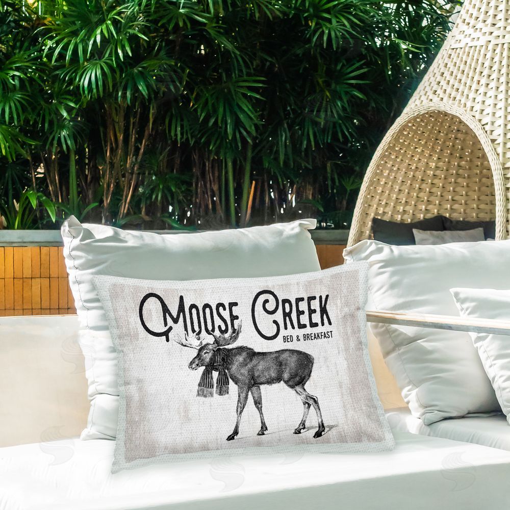 Lettered and Lined Rustic Moose Creek Outdoor Quick-Dry Polyester Printed Throw Pillow in Back Yard
