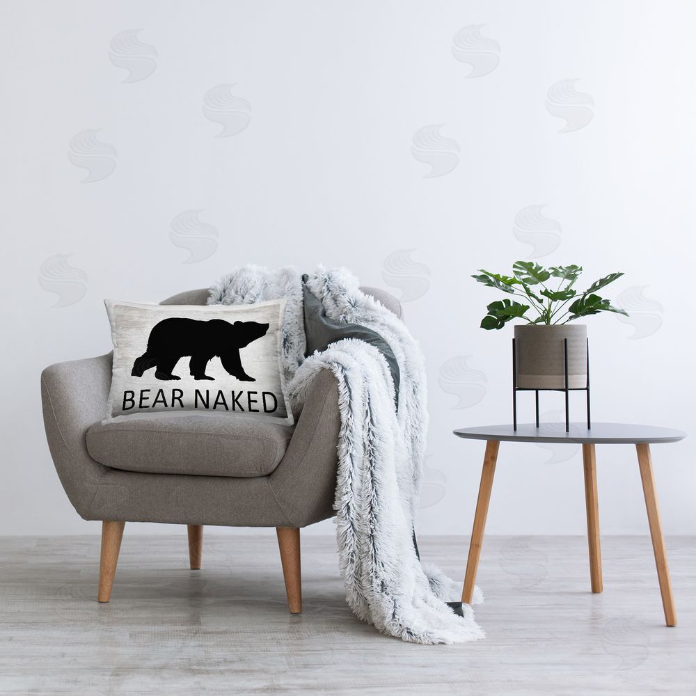 Lettered and Lined Rustic Bear Naked Printed Plush Polyester Throw Pillow On Chair
