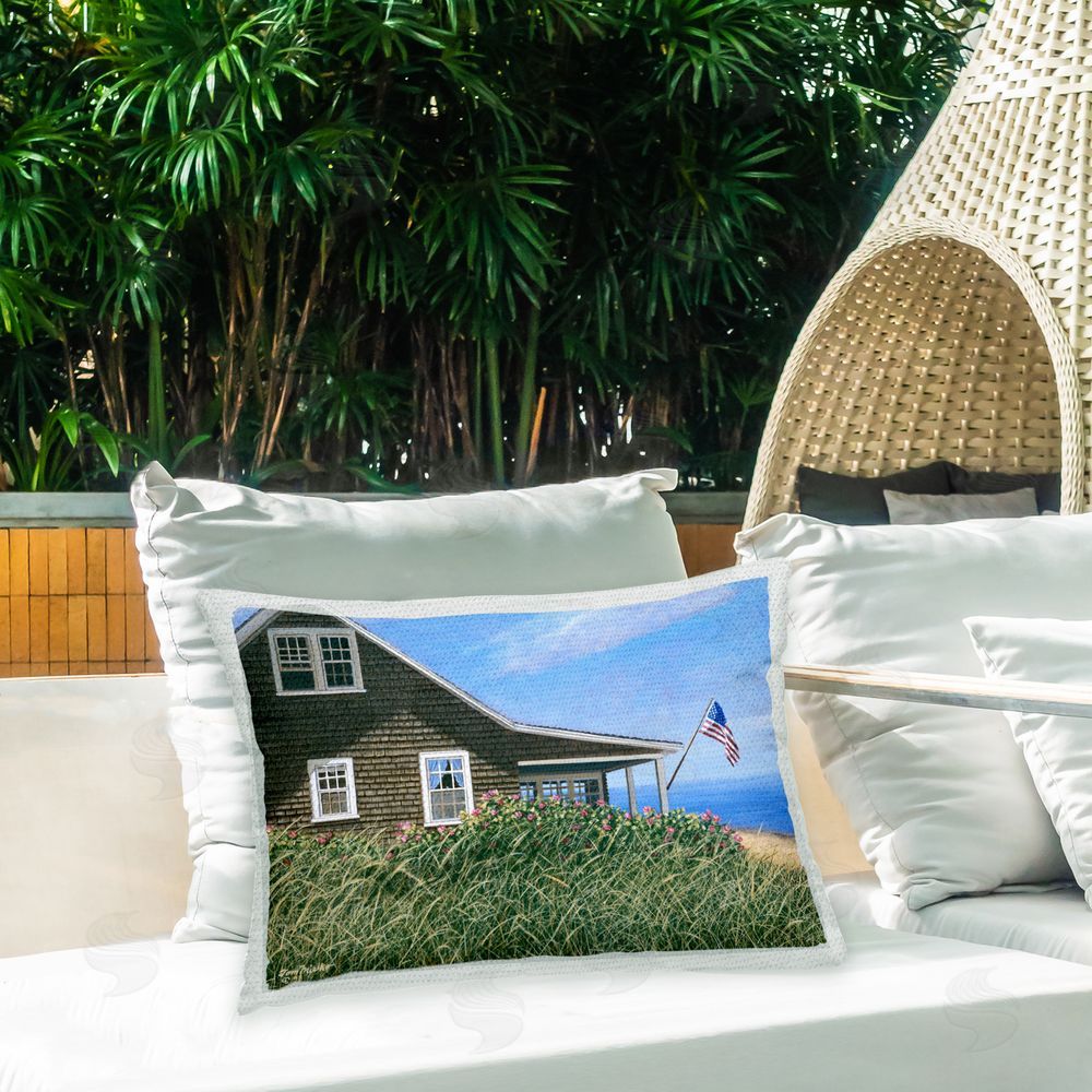 Tom Mielko Coastal House & Flag Outdoor Quick-Dry Polyester Printed Throw Pillow in Back Yard