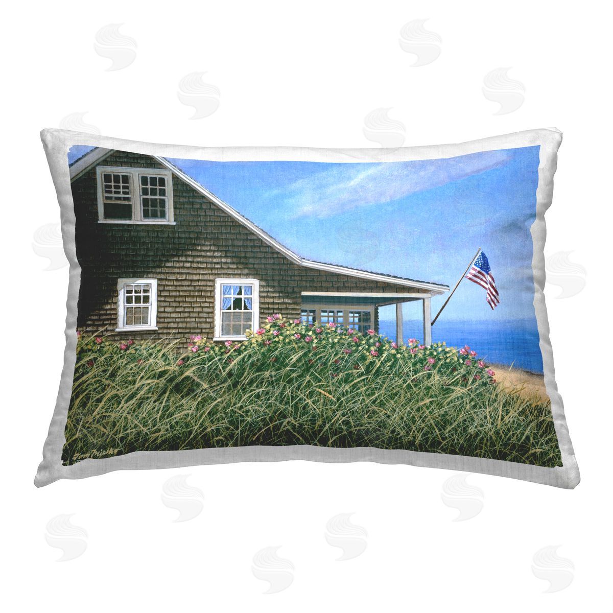 Tom Mielko Coastal House & Flag Printed Plush Polyester Throw Pillow