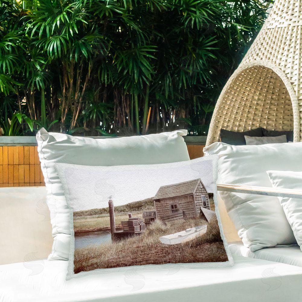 Tom Mielko Lake Cabin Shore Outdoor Quick-Dry Polyester Printed Throw Pillow in Back Yard