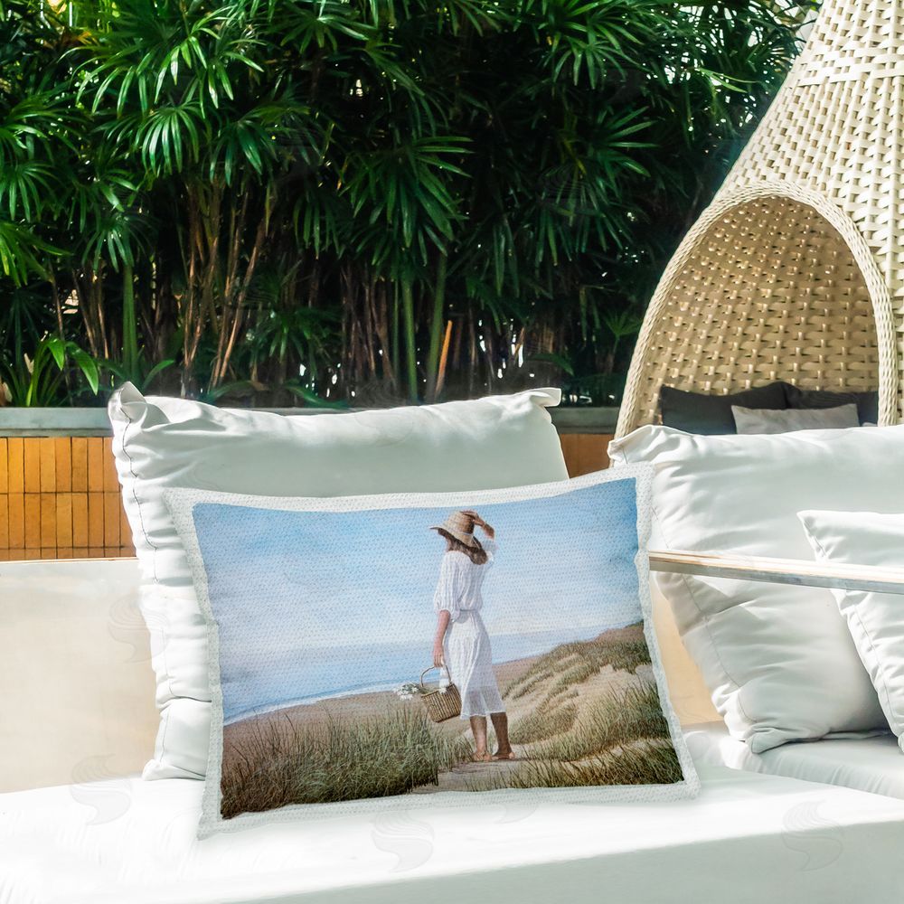 Tom Mielko Girl At Beach Coast Outdoor Quick-Dry Polyester Printed Throw Pillow in Back Yard