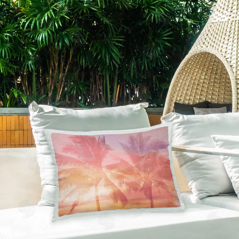 Mia Jensen Tropical Palms Sunrise Outdoor Quick-Dry Polyester Printed Throw Pillow in Back Yard
