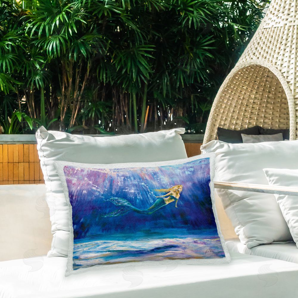 Jeanette Vertentes Mermaid Underwater Scene Outdoor Quick-Dry Polyester Printed Throw Pillow in Back Yard