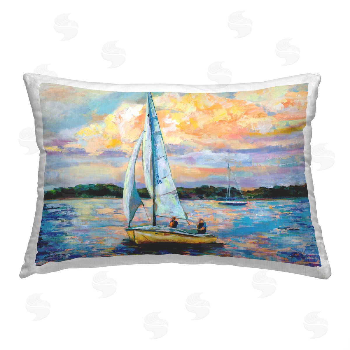 Jeanette Vertentes Modern Sailboat Sunrise Printed Plush Polyester Throw Pillow