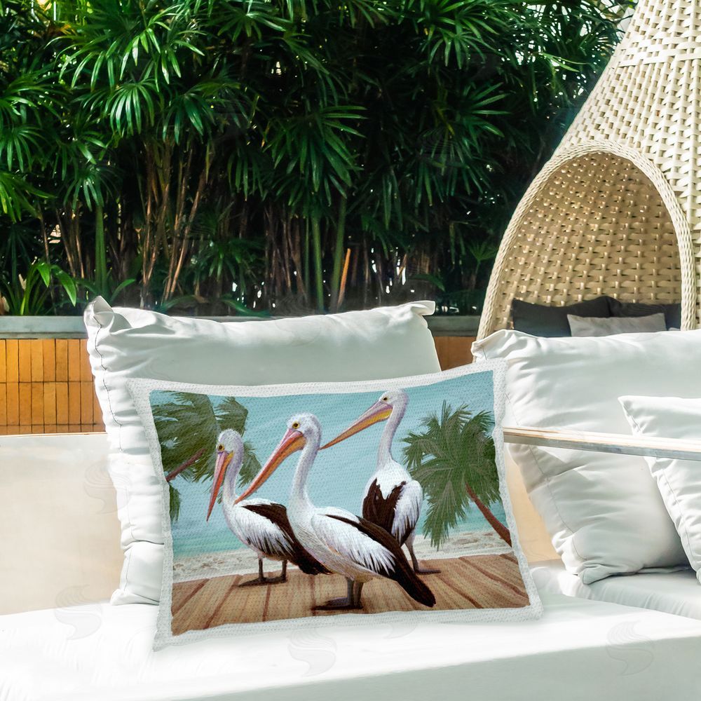Ziwei Li Tropical Pelicans on Dock Outdoor Quick-Dry Polyester Printed Throw Pillow in Back Yard