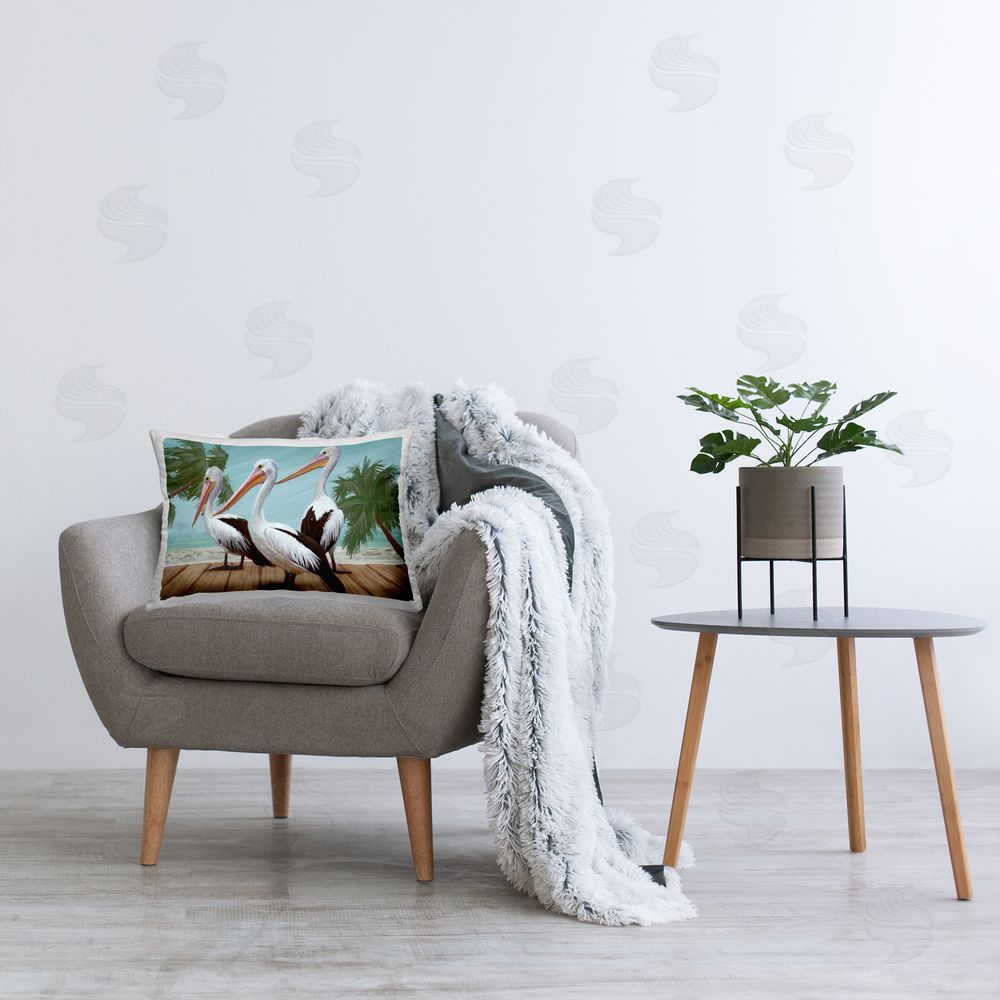 Ziwei Li Tropical Pelicans on Dock Printed Plush Polyester Throw Pillow On Chair