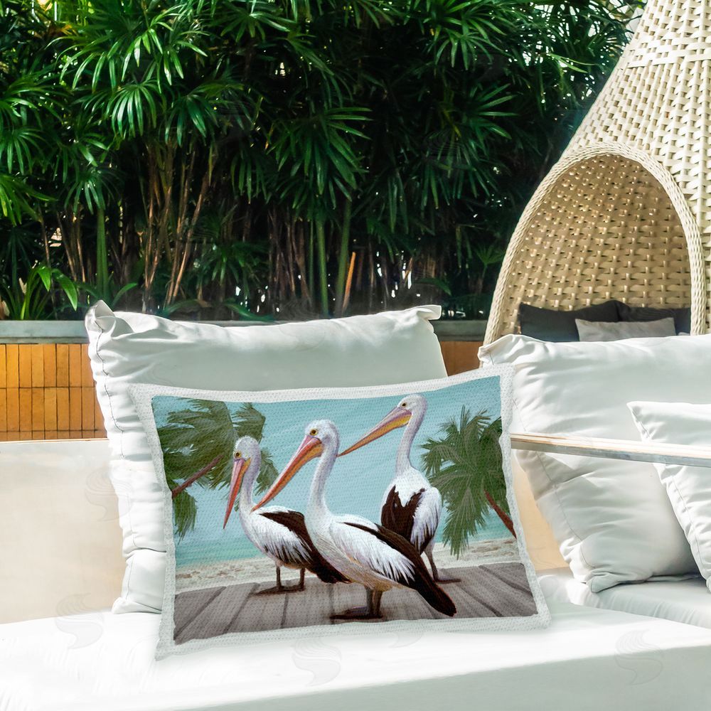 Ziwei Li Pelicans & Tropical Dock Outdoor Quick-Dry Polyester Printed Throw Pillow in Back Yard