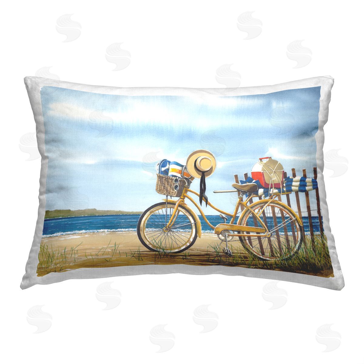 John Rossini Seaside Bicycle Scene Printed Plush Polyester Throw Pillow